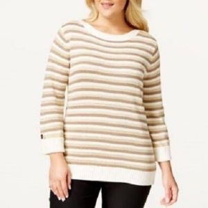 Karen Scott Khaki Metallic Cuffed-Sleeve Striped